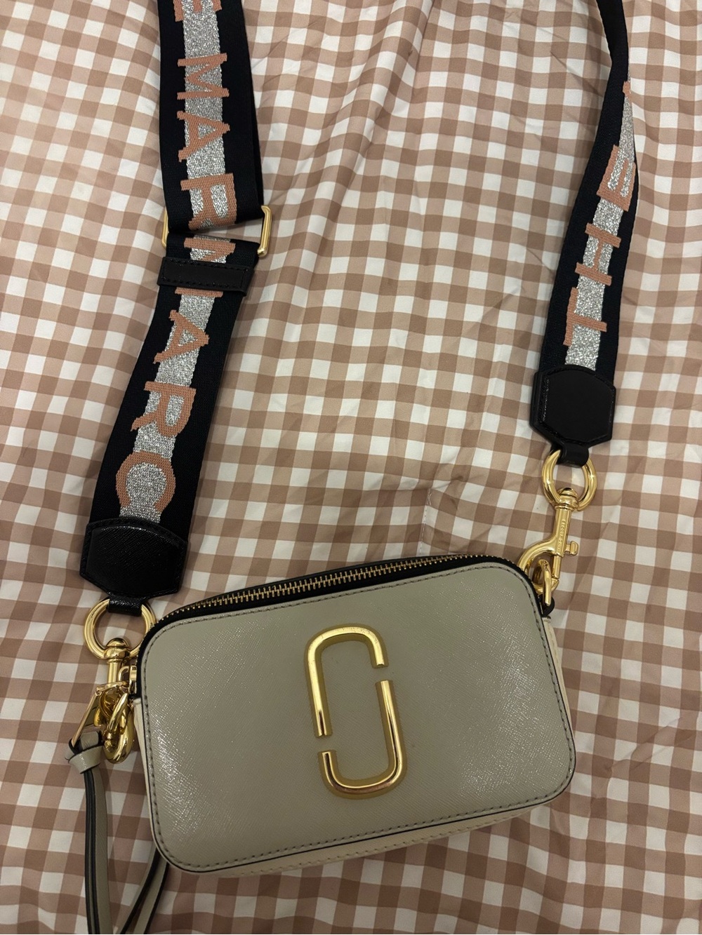 Marc Jacobs Neutral Leather Snapshot Bag with Branded Webbing Strap